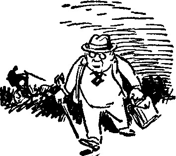 Man with cane and leather case