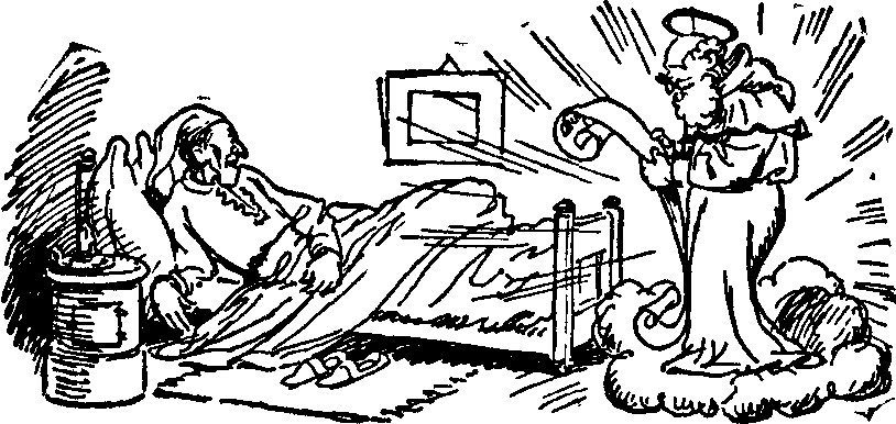 Abou Ben Woodrow in bed watching angel reading from scroll