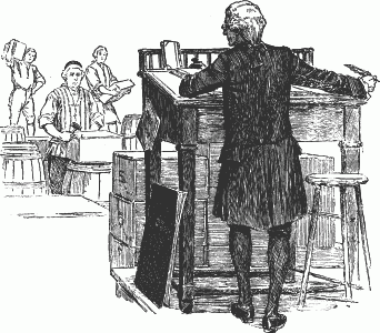 He was standing on the step of his high counting-desk. He was standing on the step of his high counting-desk.