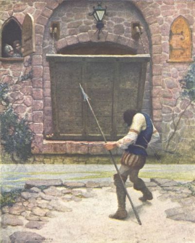 illustration facing page 98 Lastly, a little before dawn, a spearman had come staggering to the moat side, pierced by arrows