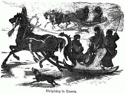 Sleighing in Russia. A two-horse sleigh in the background and a one-horse sleigh in the forground with a dog running alongside.