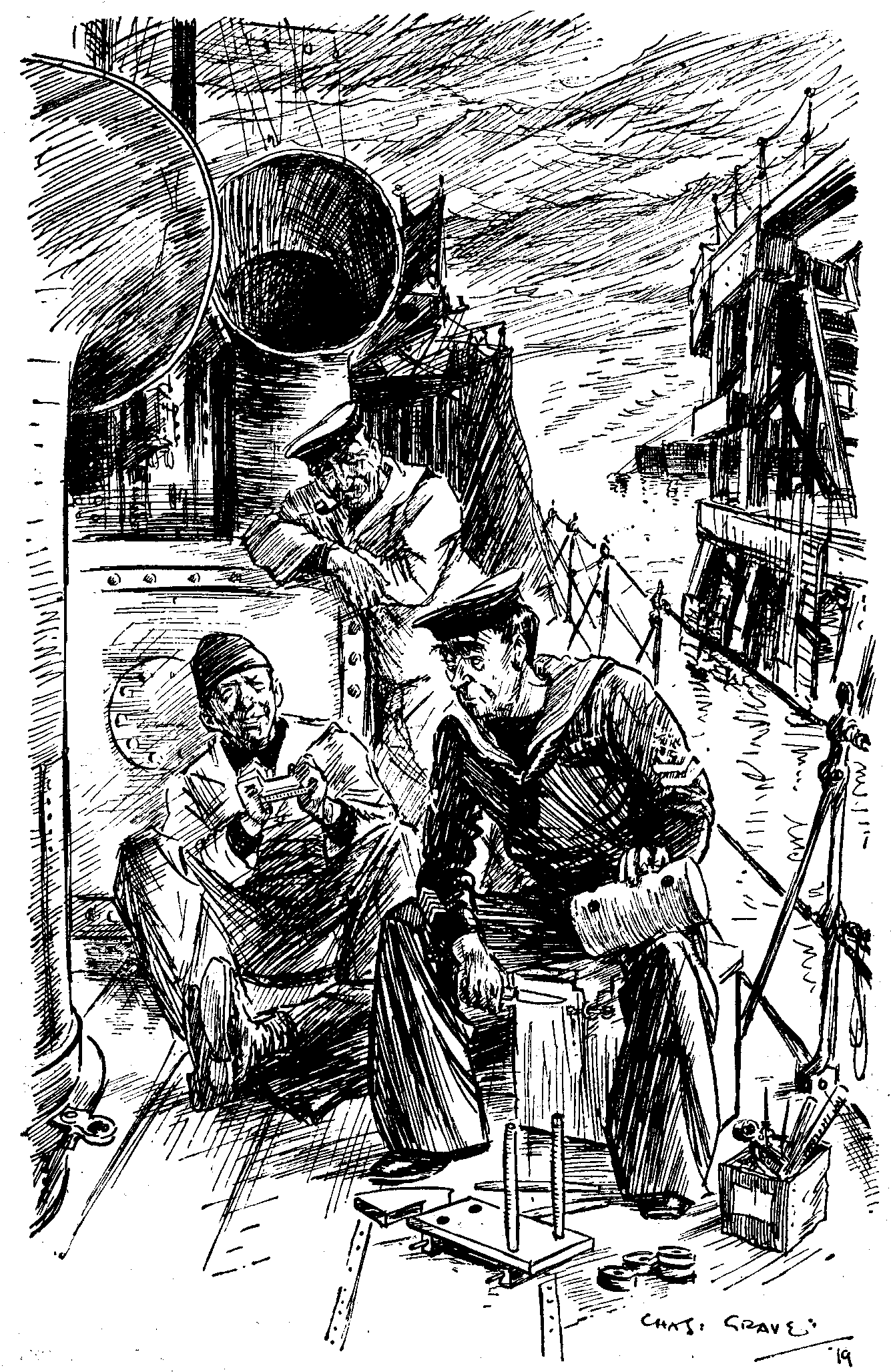 FOR OVER FOUR YEARS I'VE BATTLED FURIOUSLY AGAINST A 'ARD AN' BITTER FOE. AN' 'ERE I AM CONSTRUCTIN' A WOODEN' 'ORSE FOR THE CAPTIN'S SON.