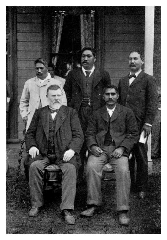 (rear) TE WAHAROA ------ HENARE KAIHAU, M.H.R. ------ HON. JAMES CARROLL, M.H.R (front) RIGHT HON. R.J. SEDDON (Premier) ------ MAHUTA (The Maori King)