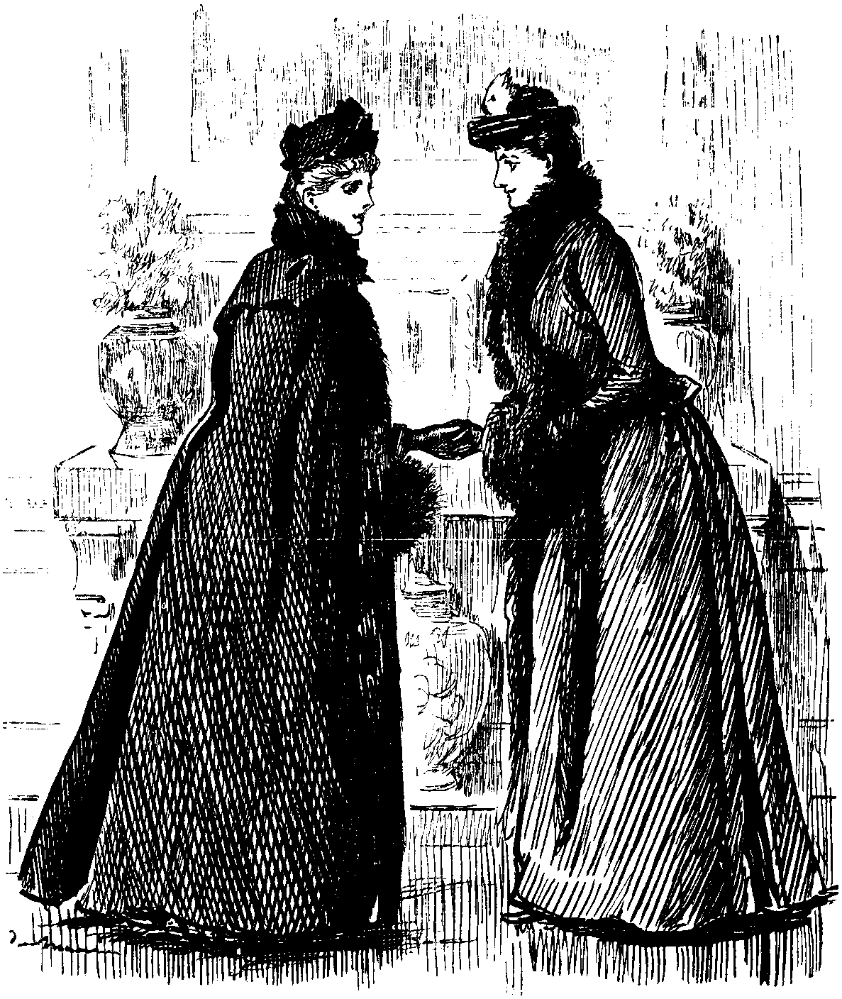 Lizzie, clad all in black, calls on Emily, in dark grey.