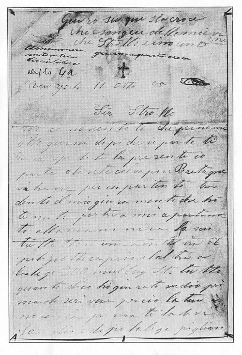 First page of the "Black Hand" letter written by Strollo, and put in evidence at his trial, placing the murder of Torsielli upon members of that imaginary secret organization. This letter convicted him.