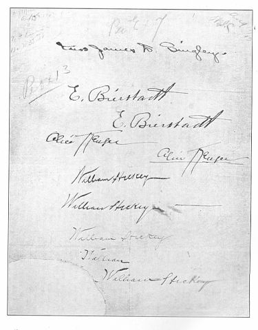 Fig. 4—The upper signature is an example of Mabel Parker's regular penmanship; the next two are forgeries from memory; and the last is a dashing imitation of her companion's handwriting.