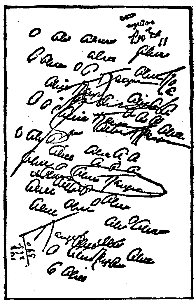 FIG. 5.—Practice signatures of the name of Alice Kauser.
