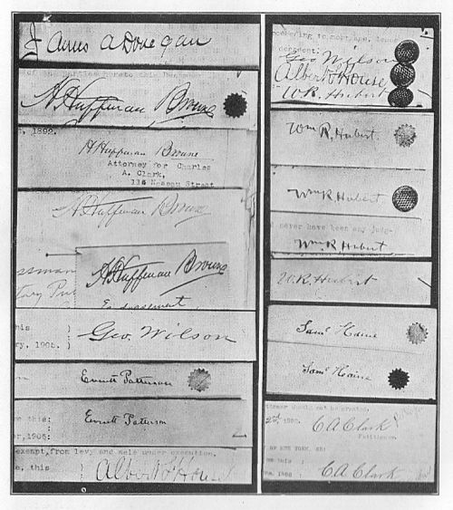 With the exception of the upper left hand signature and the four immediately below it of H. Huffman Browne, these are all the signatures of imaginary persons invented by Browne to further his schemes. The upper right-hand slip shows the signatures to the Wilson bond, among which appears that of W.R. Hubert.