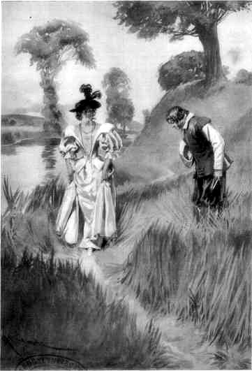 'FROM THE LONG GRASS BY THE RIVER'S EDGE A YOUNG MAN SPRANG UP, AND, WITH A VERY LOW BOW, DREW ASIDE TO LET HER PASS.'