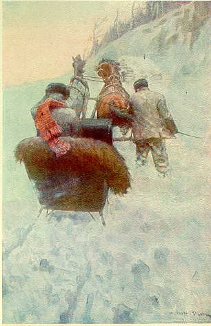 Frontispiece:  Floundering on foot beside them he urged the team through the powdery drifts.