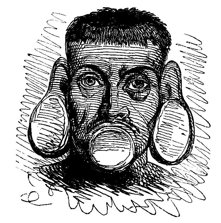 A young dark-skinned man with chin and ear pendants.