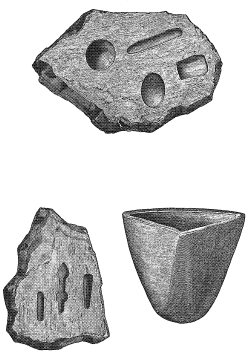 PL. XVIII. CRUCIBLE, AND SANDSTONE MOLDS FOR SHAPING SILVER OBJECTS.  PL. XVIII. CRUCIBLE, AND SANDSTONE MOLDS FOR SHAPING SILVER OBJECTS.
