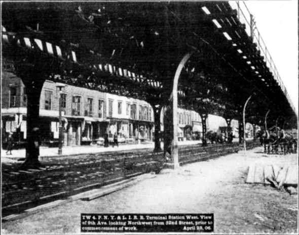 Plate XLVII, Fig. 1.— TW 4, P.N.Y. & L.I.R.R. Terminal Station West. View of 9th Ave. looking Northwest from 32nd Street, prior to commencement of work. April 23, 06. Plate XLVII, Fig. 1.— TW 4, P.N.Y. & L.I.R.R. Terminal Station West. View of 9th Ave. looking Northwest from 32nd Street, prior to commencement of work. April 23, 06.