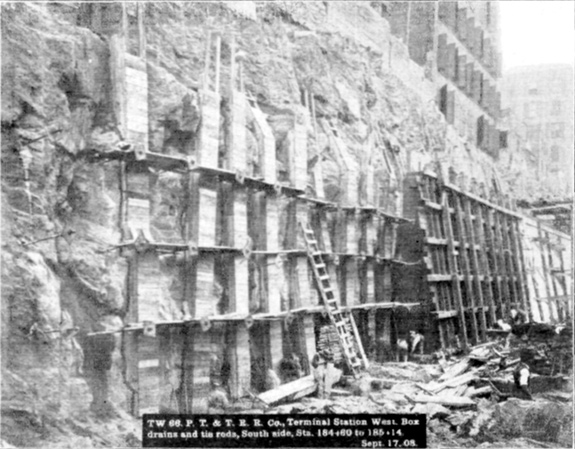 Plate LI, Fig. 1.— TW 66, P.N.Y. & L.I.R.R. Terminal Station West. Box drains and tie rods, South side, Sta. 184+80 to 185+14. Sept. 17, 08. Plate LI, Fig. 1.— TW 66, P.N.Y. & L.I.R.R. Terminal Station West. Box drains and tie rods, South side, Sta. 184+80 to 185+14. Sept. 17, 08.