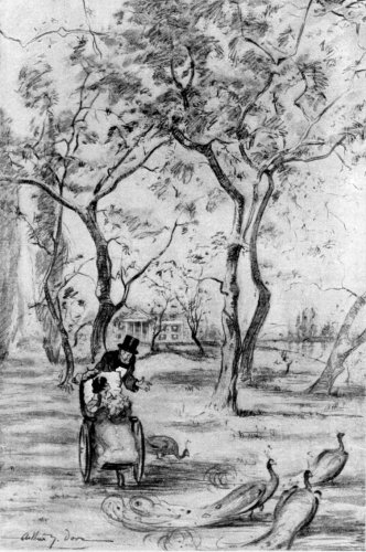 "FOREVER TURNING BACK TO KISS HIM, WITH HER HANDS FULL OF FLOWERS, AND WITH THE PEACOCKS TRAILING BESIDE"