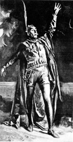 Copyrighted by the London Stereoscopic Co. HENRY IRVING AS MEPHISTOPHELES IN "FAUST" FROM THE DRAWING BY BERNARD PARTRIDGE
