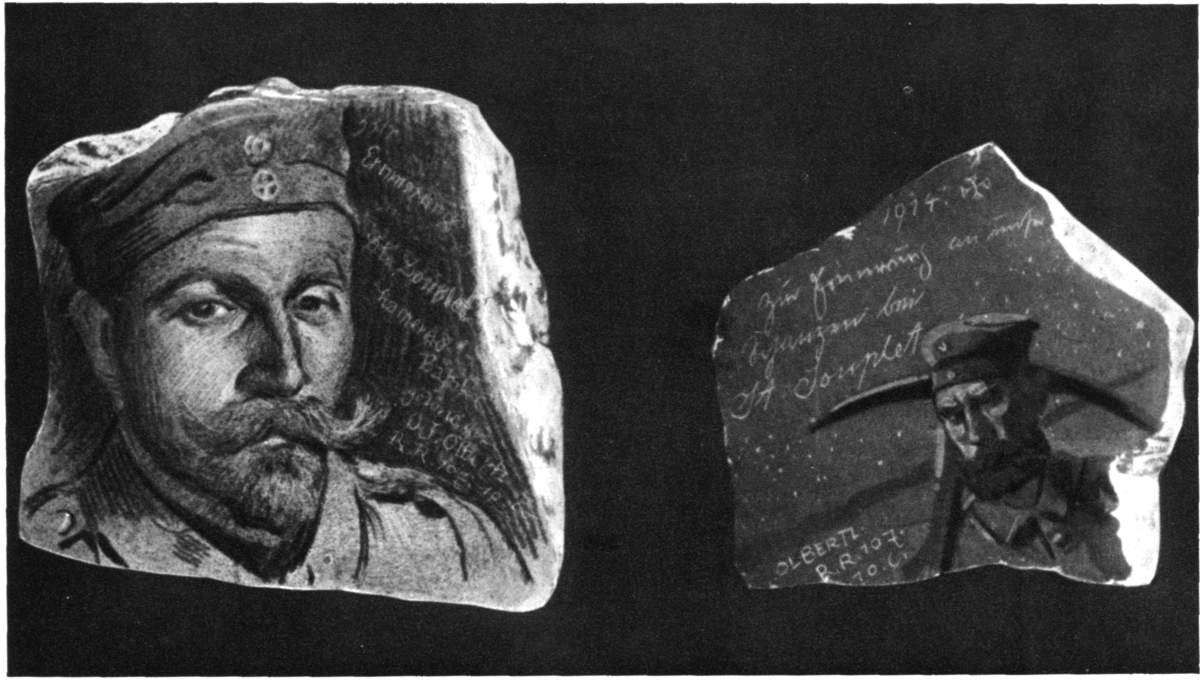 THE ENEMY AS PORTRAYED BY HIMSELF ON CHALK: THE GERMAN SOLDIER-CAVEMAN AS ARTIST IN THE AISNE QUARRIES.