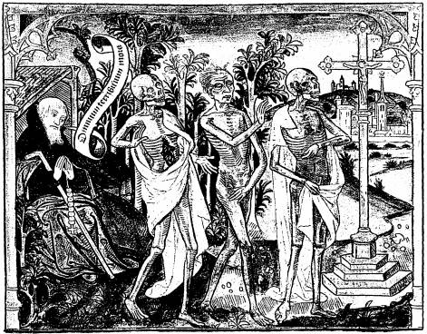 Illustration: Décor champêtre. De gauche à droite: l'ermite assis dans sa hutte, et trois morts marchant vers la droite. Une banderole sort de la bouche de l'ermite avec ces mots: