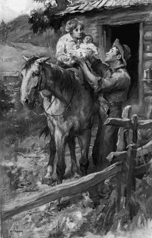 “You stay hyeh with the baby,” he said quietly, “an' I'll take yo' meal home.” Martha and her baby on the back of a horse while Lum is reaching for the baby.