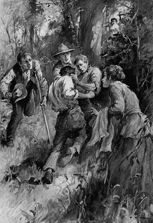 “Let 'em loose!” he yelled. “Git at it, boys! Go fer him, Ham—whoop-ee-ee!” Ham and King fighting with Pleasant, Lum, and Miss Holden looking on. Polly and the soldier are watching from the woods.