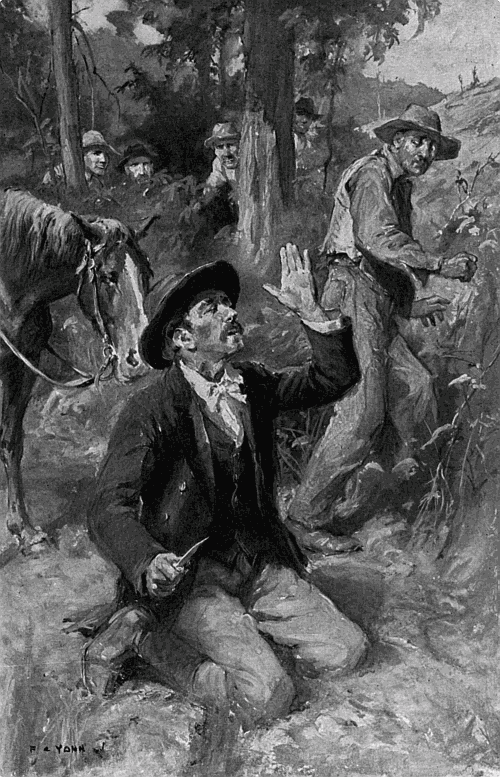 “O Lawd... hyeh's another who meddles with thy servant and profanes thy day.” Parson Small kneeling on the ground while Jim sulks away and the committee looks on from the bushes.