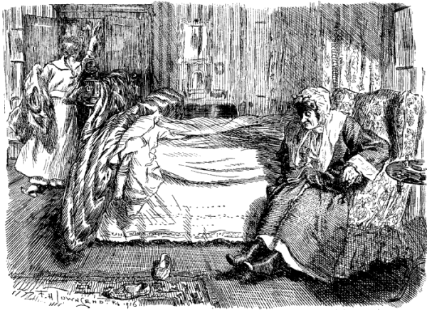 Click for larger image. Young girl gathering clothes from closet. Old lady examining feet.