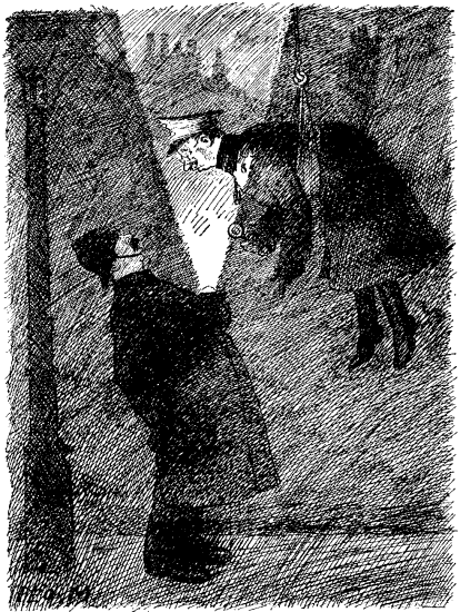 Click for larger image. German soldier dangling from rope being observed by British bobby.