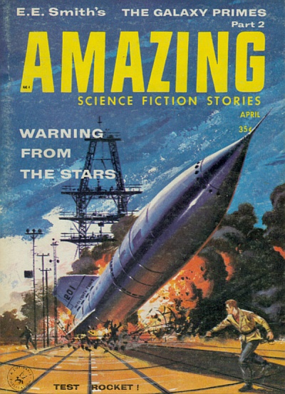 Cover Warning from the stars written above picture of man fleeing a rocket launch