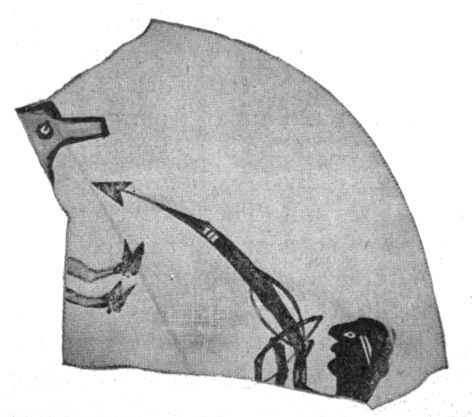 Fig. 263—War god shooting an animal. (Fragment of food bowl.) Fig. 263—War god shooting an animal. (Fragment of food bowl.)