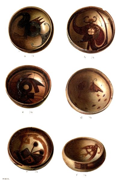 PL. CXXXIV— FOOD BOWLS WITH FIGURES OF SUN, BUTTERFLY, AND FLOWER FROM SIKYATKI PL. CXXXIV— FOOD BOWLS WITH FIGURES OF SUN, BUTTERFLY, AND FLOWER FROM SIKYATKI