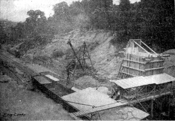 Fig. 140.—View of Mixer Plant Showing Method of Unloading Materials, Burton Tunnel.