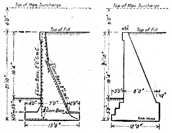 Fig. 99.—Comparison of Plain and Reinforced Sections for Retaining Wall (F. F. Sinks).