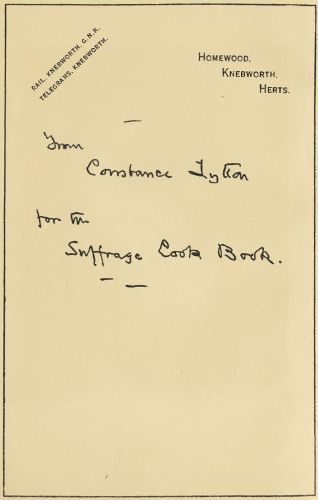 Handwritten note: From Constance Lytton for the Suffrage Cook Book Handwritten note: From Constance Lytton for the Suffrage Cook Book