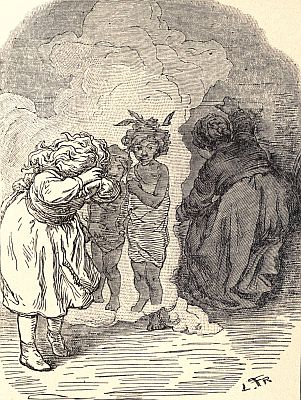 Lucy had a great sneezing fit, and when she looked again into the smoke, what did she see but two little black figures. Lucy had a great sneezing fit, and when she looked again into the smoke, what did she see but two little black figures.