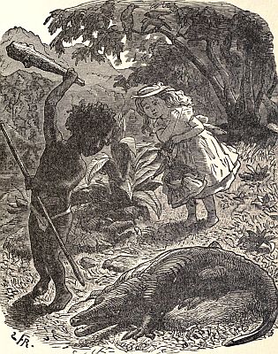 Hark! There's a cry, and out jumps a little black figure, with a stout club in his hand. Hark! There's a cry, and out jumps a little black figure, with a stout club in his hand.