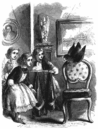“Oh, dear! oh, dear me!” Page 85. Three people looking at a parrot perched on the back of a chair