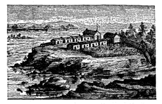 First Stockade and Cabins at the Falls of Ohio, now Louisville. Built by George Rogers Clark in 1776. First Stockade and Cabins at the Falls of Ohio, now Louisville