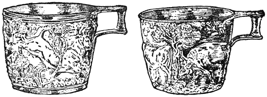 De Vaphio Koppen. Meesterstukken van oude Grieksche kunst. Ze zijn gemaakt van goud en zijn acht centimeter hoog.