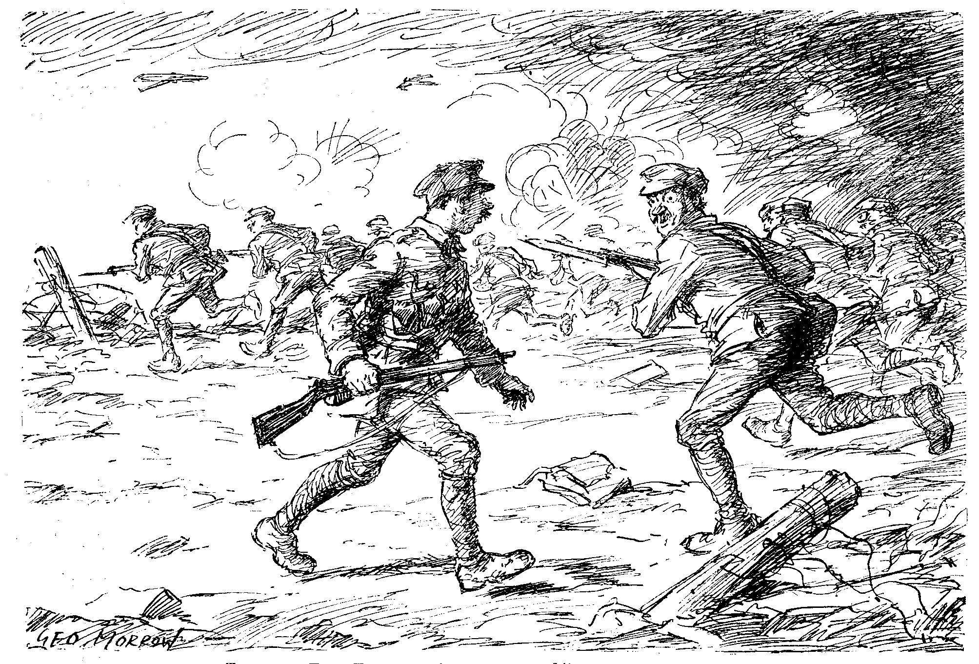 Tommy. "'Ere, Ted, what's the matter?" Ted (ex-plumber). "Wy, I'm goin' back for me baynet, o' course." Tommy. "'Ere, Ted, what's the matter?" Ted (ex-plumber). "Wy, I'm goin' back for me baynet, o' course."