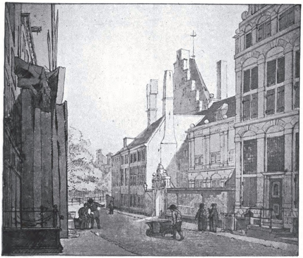 Plate 18. The “doelenstraat” In Amsterdam (old situation) The receding building, behind the low wall with gate, on the right, is the “Doelen” for which Rembrandt painted “The Night Watch.” The house where the master lived in 1636 was next to the house seen on the extreme right. The tower seen above the roof is the one sketched by Rembrandt (plate 12). Compare also plate 20 After the drawing by R. Vinkeles in the Archives in Amsterdam Plate 18. The “doelenstraat” In Amsterdam (old situation)