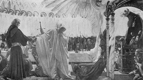 THE ROUND TABLE OF KING ARTHUR. Copyright 1895 by E. A. Abbey; from a Copely print copyright 1897 by Curtis and Cameron.  THE ROUND TABLE OF KING ARTHUR.