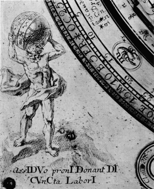 Figure 15. Figure 15.—The bottom left corner of the dial plate, showing the engraving of Atlas, with the inscription "Assidvo proni donant di cvncta labori." (The favorable gods willingly grant all things to the assiduous laborer.)
