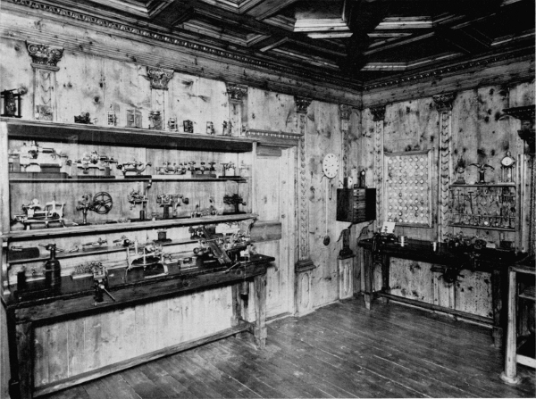 Figure 23. Figure 23.—Interior of Bertolla's workshop, showing the main workbench and the collection of clockmakers' tools. (Courtesy of Museo Nazionale della Scienza e della Tecnica, Milan.)