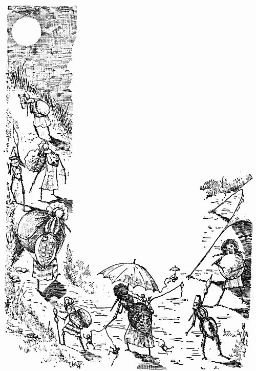 Fig. 60.—The Pixinees Leave Fort Spinder, Carrying their Cradles and Babies. Fig. 60.—The Pixinees Leave Fort Spinder, Carrying their Cradles and Babies.