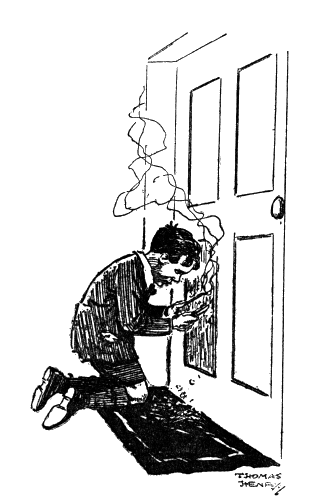 Page 29 William kneeling behind his door, with a curl of smoke rising from it.