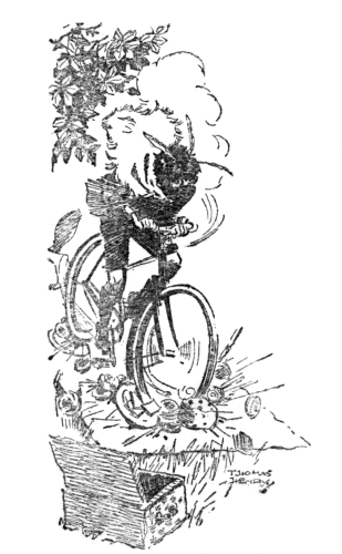 Page 55 William cycling over the picnic-blanket.