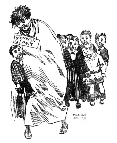 Page 107 Douglas and Ginger disguised as a giant, with a crowd of other children watching them.