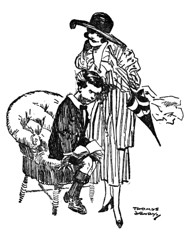 Page 135 Mrs. de Vere Carter, wearing a very large hat, hugging William.