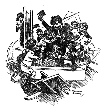 Page 147 The boys clambering over tables and chairs as Mrs. de Vere Carter peers around the door.