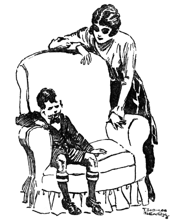 Page 171 Mrs. Brown leaning over an armchair in which William is sitting.